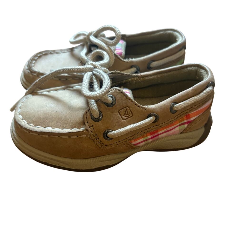 Sperry Top Sider tan leather pink plaid baby boat shoes‎ SIZE 6.5